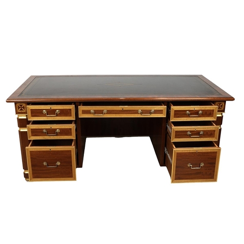 366 - Bespoke contemporary executive desk. Mahogany construction with maple inlay and banding, with gilt d... 