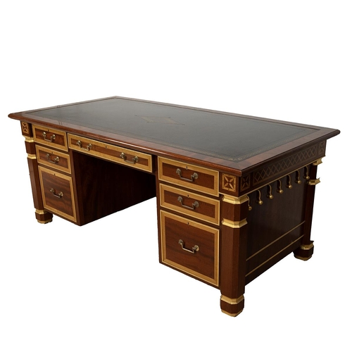 366 - Bespoke contemporary executive desk. Mahogany construction with maple inlay and banding, with gilt d... 