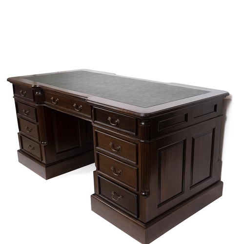 368 - Vintage executive double pedestal desk. Hardwood construction with 9 drawers to one side, metal swan... 