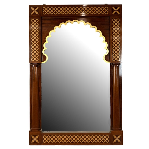 370 - Large bespoke contemporary wall mirror. Mahogany frame with maple inlay and gilt edge detailing. Thi... 