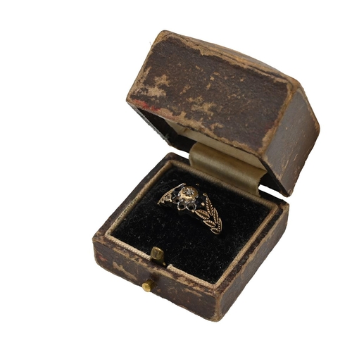 4 - 9ct gold ring with a central white stone supported by a leaf setting, 2.45 grams, with box.