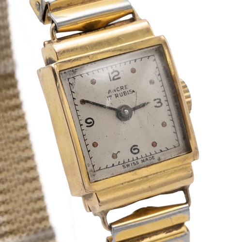 61 - Art Deco Lady's 18ct gold manual wind watch. Case 18ct with gilt metal expandable bracelet, silvered... 