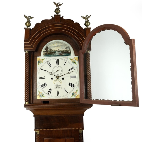 65 - Singer, Frome - mid 19th Century mahogany longcase clock. Scrolled arched and inlaid pediment with t... 