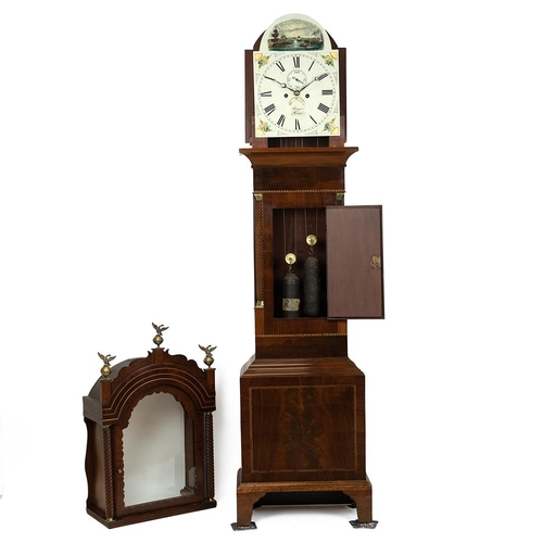 65 - Singer, Frome - mid 19th Century mahogany longcase clock. Scrolled arched and inlaid pediment with t... 