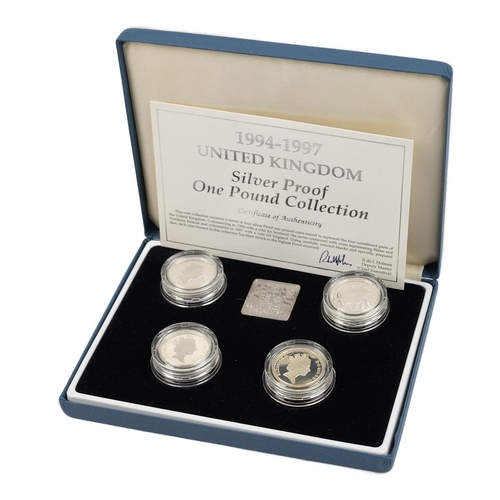 94 - 1994-1997 four coin silver proof UK £1 set from The Royal Mint featuring designs celebrating England... 