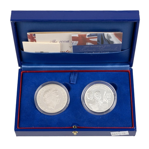 98 - 2004 piedfort silver proof Entente Cordiale £5 two coin set with UK and French coins in the original... 