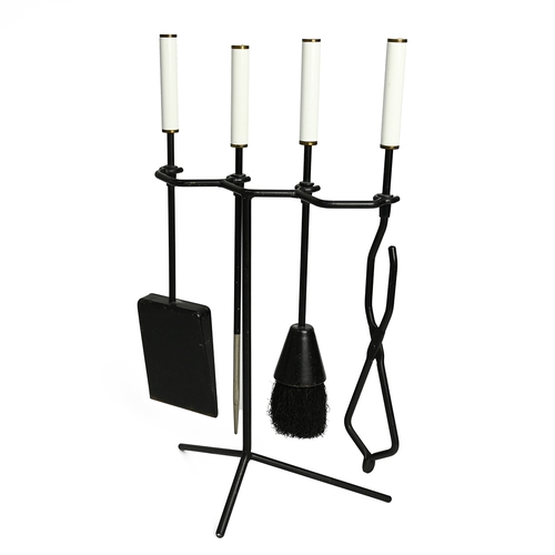 374 - 20th-century black metal fire side Companion set, purportedly purchased from The Design Centre in Ch... 