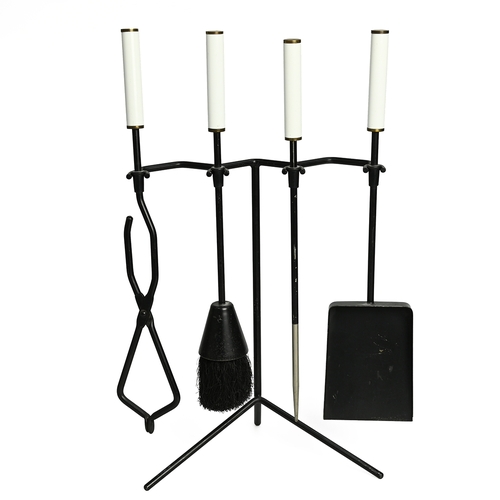 374 - 20th-century black metal fire side Companion set, purportedly purchased from The Design Centre in Ch... 