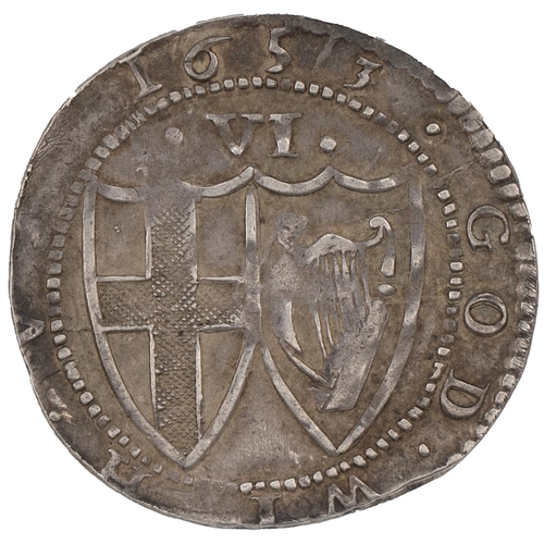 106 - 1653 Commonwealth silver Sixpence, sun mintmark (S 3219, North 2726). Obverse: English shield within... 