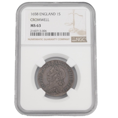 116 - 1658 Oliver Cromwell silver Shilling (S 3228, ESC 1005, Bull 254). Obverse: left-facing laureate and... 