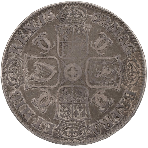 124 - 1662 Charles II silver Crown, rose below, no edge date (S 3350, ESC 15A, Bull 340). Obverse: first r... 