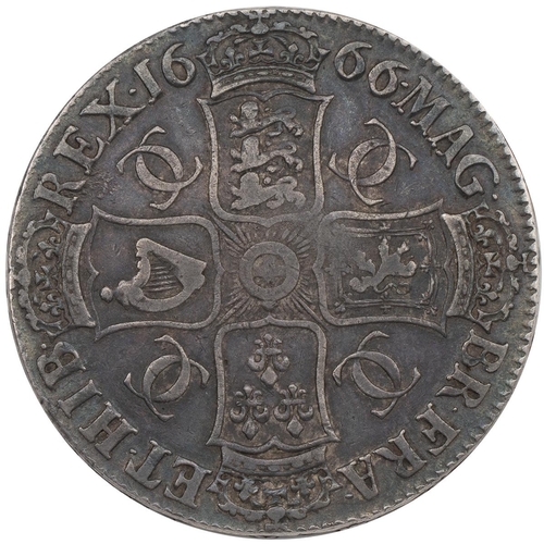 131 - 1666 Charles II silver Crown, 'XVIII' regnal year (S 3355, ESC 32, Bull 366). Obverse: laureate drap... 