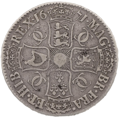 133 - 1671 Charles II silver Crown, 'ET' over 'FR' -  rare (S 3358, ESC 42B, Bull 384). Obverse: third lau... 