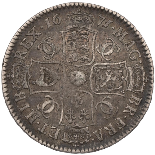 144 - 1671 Charles II silver Halfcrown (S 3366, ESC 468, Bull 457). Obverse: third right-facing laureate, ... 