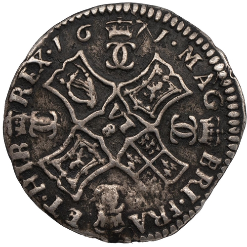 150 - Scotland, 1671 Charles II silver Half Merk, straight ribbon (S 5614). Obverse: laureate cuirassed bu... 