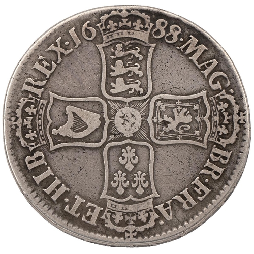 153 - 1688/7 James II silver Crown (S 3407, ESC 81, Bull 747). Obverse: second left-facing laureatte drape... 