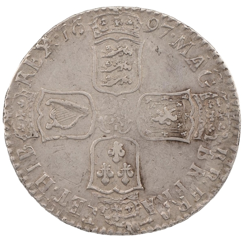 171 - 1697 William III silver Halfcrown, London (S 3487, ESC 541, Bull 1021). Obverse: right-facing laurea... 