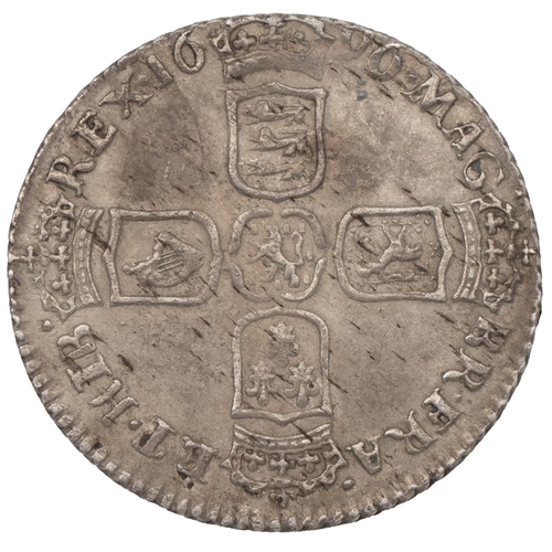 174 - 1696 William III silver Sixpence, London (S 3520, ESC 1078, Bull 1104). Obverse: laureate draped eff... 