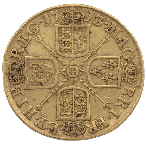 179 - 1713 Anne gold Guinea (S 3574, Bull EGC 477). Obverse: left-facing draped second bust with 'ANNA · D... 