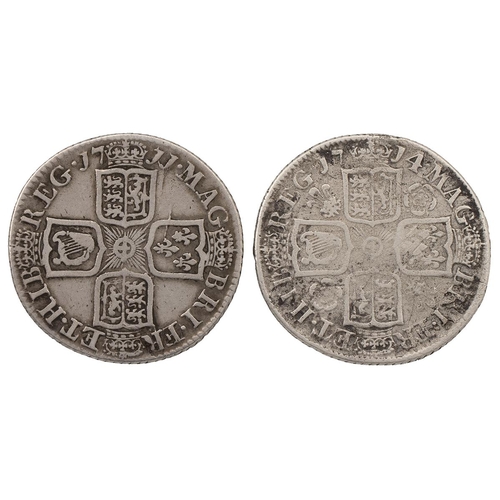 191 - Two (2) Anne (1702-1714) silver Shillings, including 1711 fourth bust, plain angles, nF (S 3618); an... 