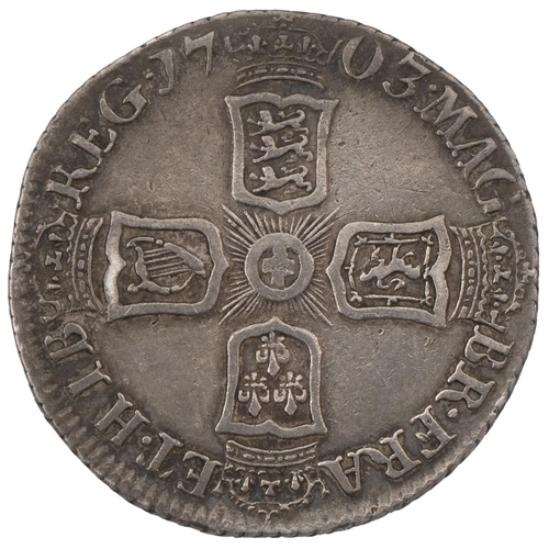 192 - 1703 Anne silver 'VIGO' Sixpence (S 3590, ESC 1582, Bull 1446). Obverse: left-facing first draped bu... 