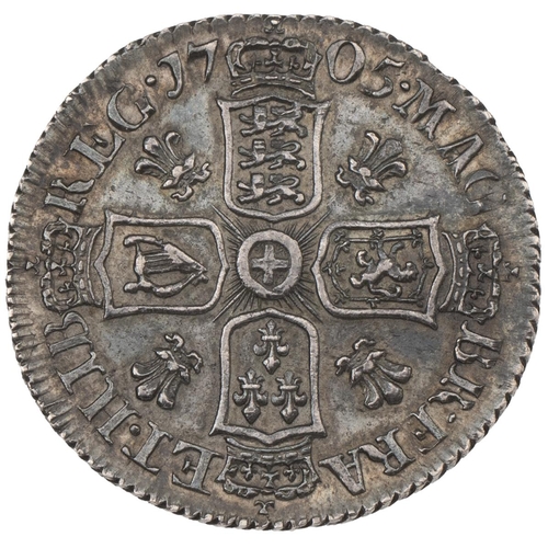 193 - 1705 Anne silver Sixpence, plumes in angles, late shields (S 3593, ESC 1584A, Bull 1449). Obverse: f... 