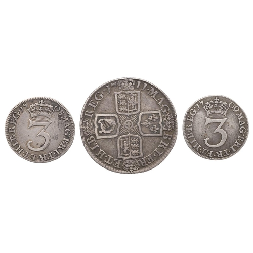 195 - Three (3) Anne (1702-1714) silver coins, including 1711 Shilling, 4th bust, VF; 1708 Threepence, aF;... 