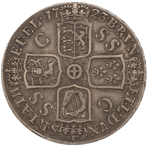 198 - 1723 George I silver Crown (S 3640, ESC 114, Bull 1545). Obverse: right-facing laureate draped bust ... 