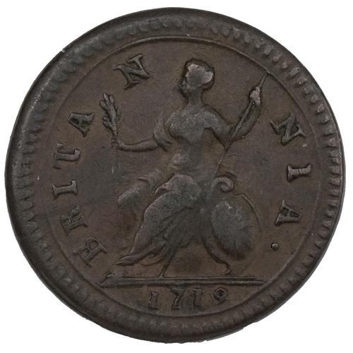 202 - 1719 George I copper Farthing, small 9, large letters (S 3662, Peck 807). Obverse: laureate and cuir... 