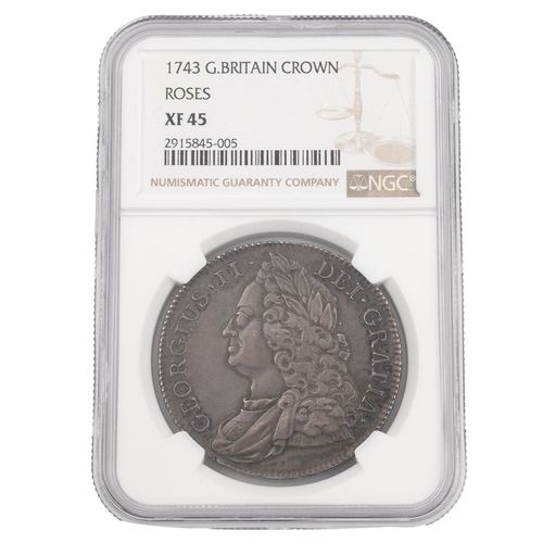 207 - 1743 George II silver Crown (S 3688, ESC 124, Bull 1667). Obverse: left-facing older laureate, drape... 