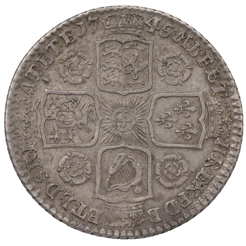 211 - 1745 George II silver Shilling, roses in the angles (S 3702, ESC 1204, Bull 1722). Obverse: old laur... 