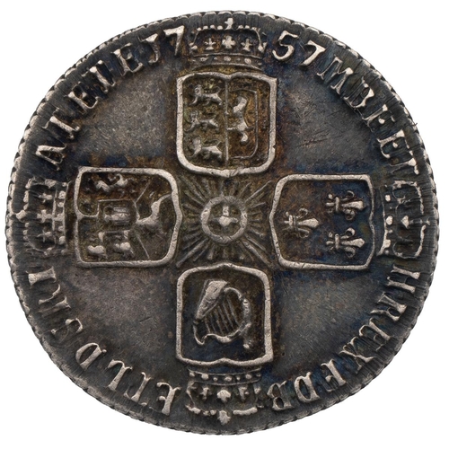 216 - 1757 George II silver Sixpence (S 3710A, ESC 1618, Bull 1757). Obverse: left-facing head with 'GEORG... 