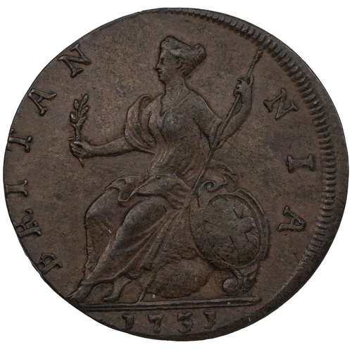 219 - 1731 George II copper Halfpenny, no stops on the reverse (S 3717). Obverse: young laureate and cuira... 