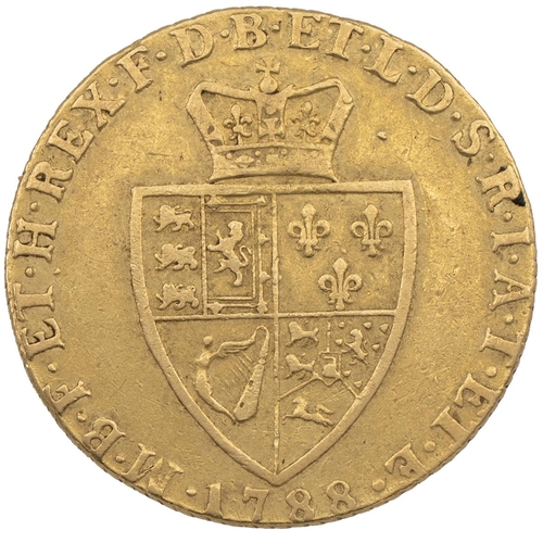 222 - 1788 George III gold 'Spade' Guinea (S 3729, Bull EGC 713). Obverse: right-facing bust with 'GEORGIU... 