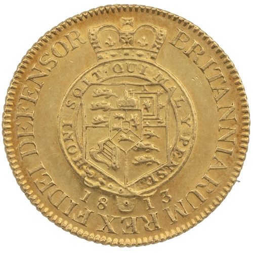 223 - 1813 George III gold 'Military' Guinea (S 3730, Bull EGC 737). Obverse: sixth laureate head, by Lewi... 