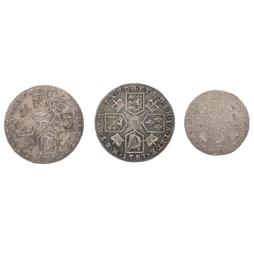 231 - Three (3) 1787 George III silver coins, including 1787 Shillings (x2), and a 1787 Sixpence, all brig... 