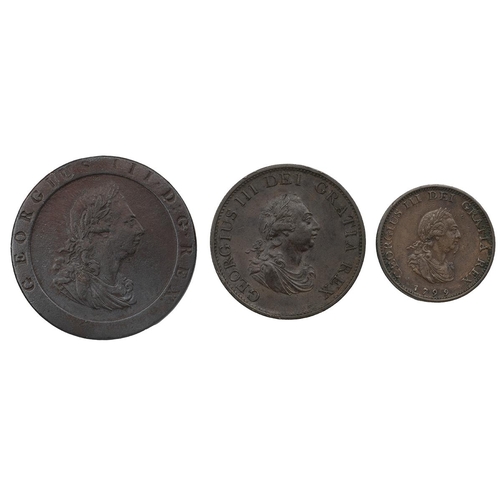 232 - Three (3) George III (1760-1820) Soho Mint copper coins, including 1797 'Cartwheel' Penny, aF; 1799 ... 