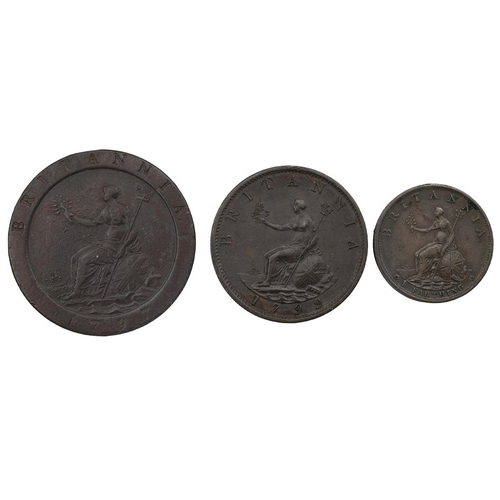 232 - Three (3) George III (1760-1820) Soho Mint copper coins, including 1797 'Cartwheel' Penny, aF; 1799 ... 