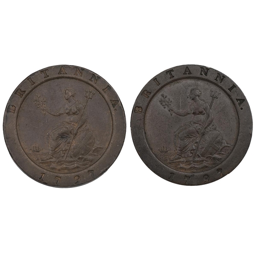 233 - Two (2) 1797 George III copper 'Cartwheel' Twopences, Soho Mint. Grades: gF-VF - both chocolate tone... 