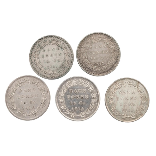 237 - Five (5) George III (1760-1820) silver Eighteenpence tokens, Bank of England issue, including 1811, ... 