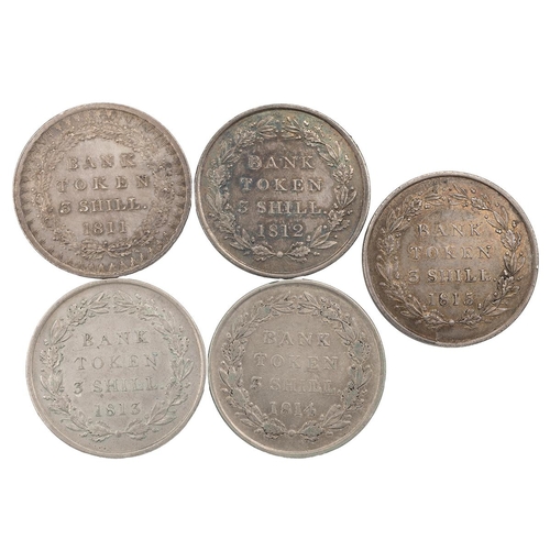 239 - Five (5) George III (1760-1820) silver Three Shilling tokens, Bank of England issue (S 3770), includ... 