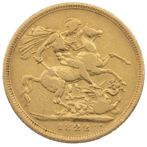 255 - 1822 George IV gold Sovereign (S 3800, Marsh 6). Obverse: left-facing laureate bust with 'GEORGIUS I... 