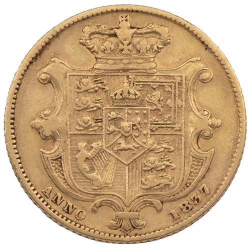 264 - 1837 William IV gold Sovereign - scarce date (S 3829B, Marsh 21). Obverse: second bare-headed bust, ... 