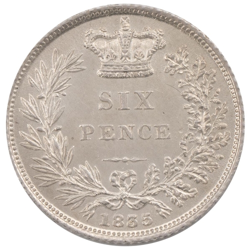 267 - 1835 William IV silver Sixpence (S 3636, ESC 1676, Bull 2508). Obverse: right-facing bare head bust ... 