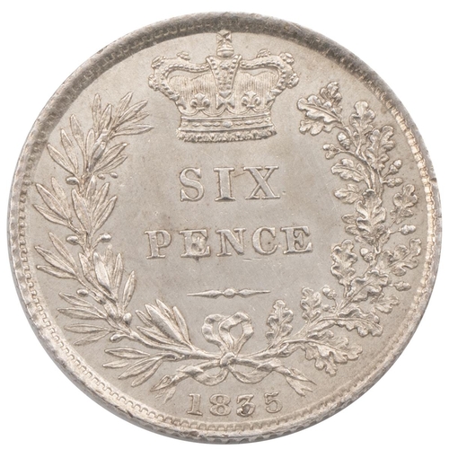 268 - 1835 William IV silver Sixpence (S 3636, ESC 1676, Bull 2508). Obverse: right-facing bare head bust ... 