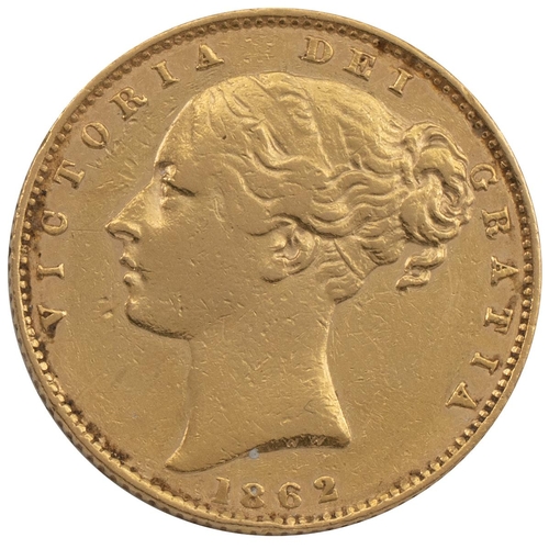 277 - 1862 Victoria gold Sovereign (S 3852D, Marsh 45). Obverse: second type left-facing 'Young Head' bust... 