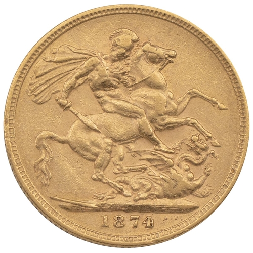 278 - 1874S Victoria gold Sovereign, Sydney (S 3858A, Marsh 113). Obverse: left-facing 'Young Head' bust o... 