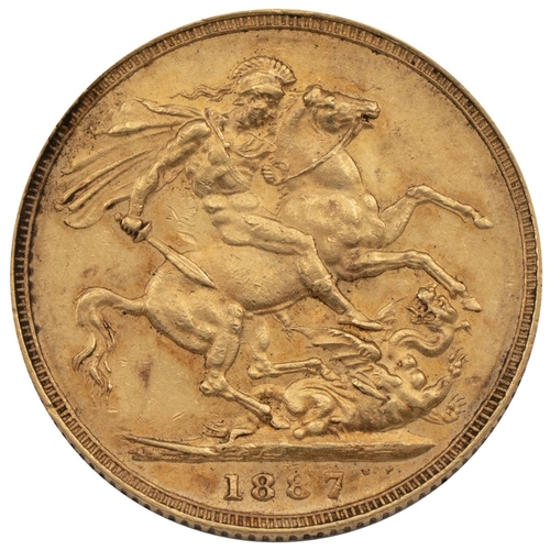 279 - 1887 Victoria gold Sovereign, London (S 3866). Obverse: left-facing 'Jubilee Head' with a small crow... 