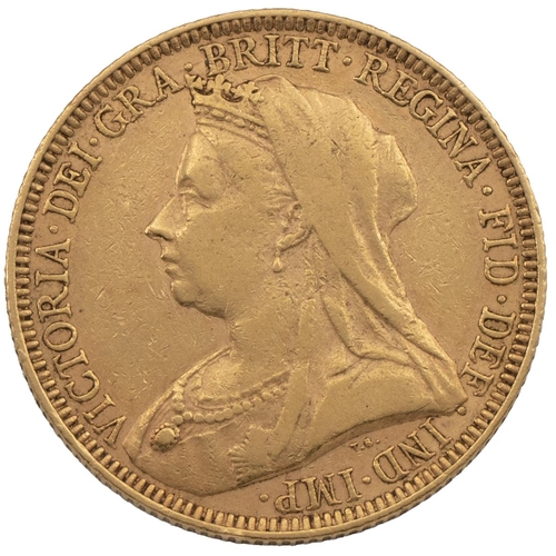 281 - 1893 Victoria gold Sovereign, London (S 3874, Marsh 145). Obverse: veiled bust, facing left with 'VI... 