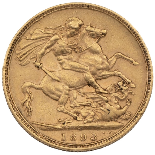 281 - 1893 Victoria gold Sovereign, London (S 3874, Marsh 145). Obverse: veiled bust, facing left with 'VI... 